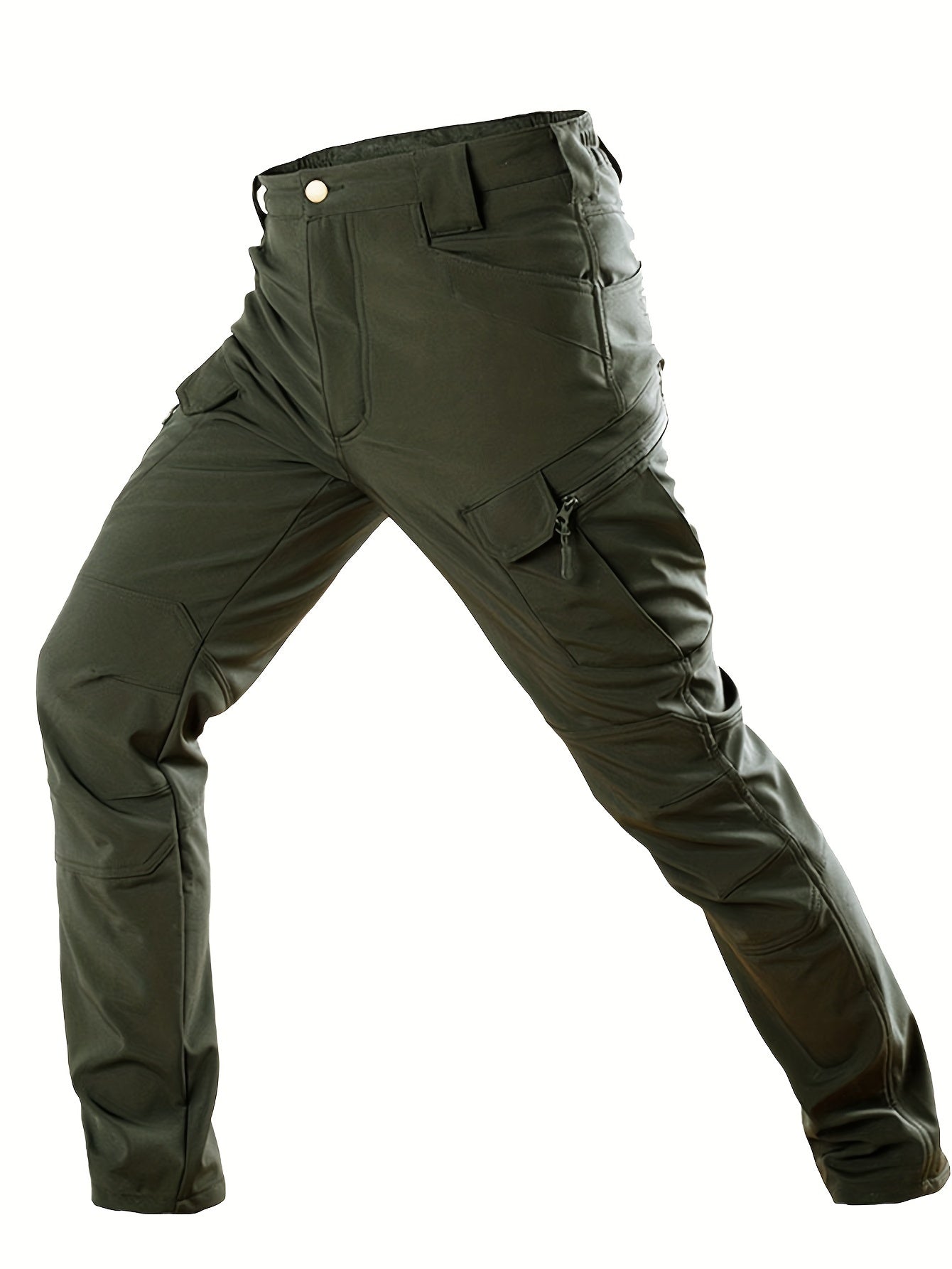 Men's fleece-lined tactical cargo pants with multiple pockets, windproof, soft shell, loose fit for autumn & winter. Olive green, polyester & spandex blend, machine washable.