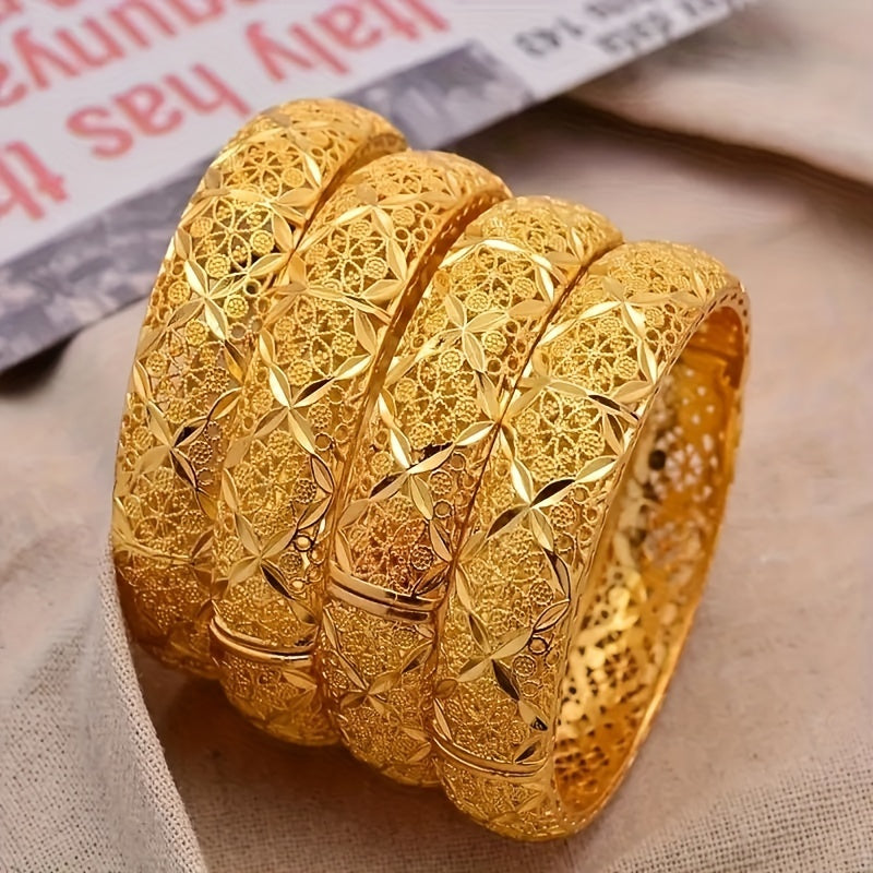 Stunning 18K Gold Plated Open Cuff Bracelet for Women - Crafted with Copper, Intricate Filigree Design, Adjustable Fit, Perfect for Weddings and Special Events