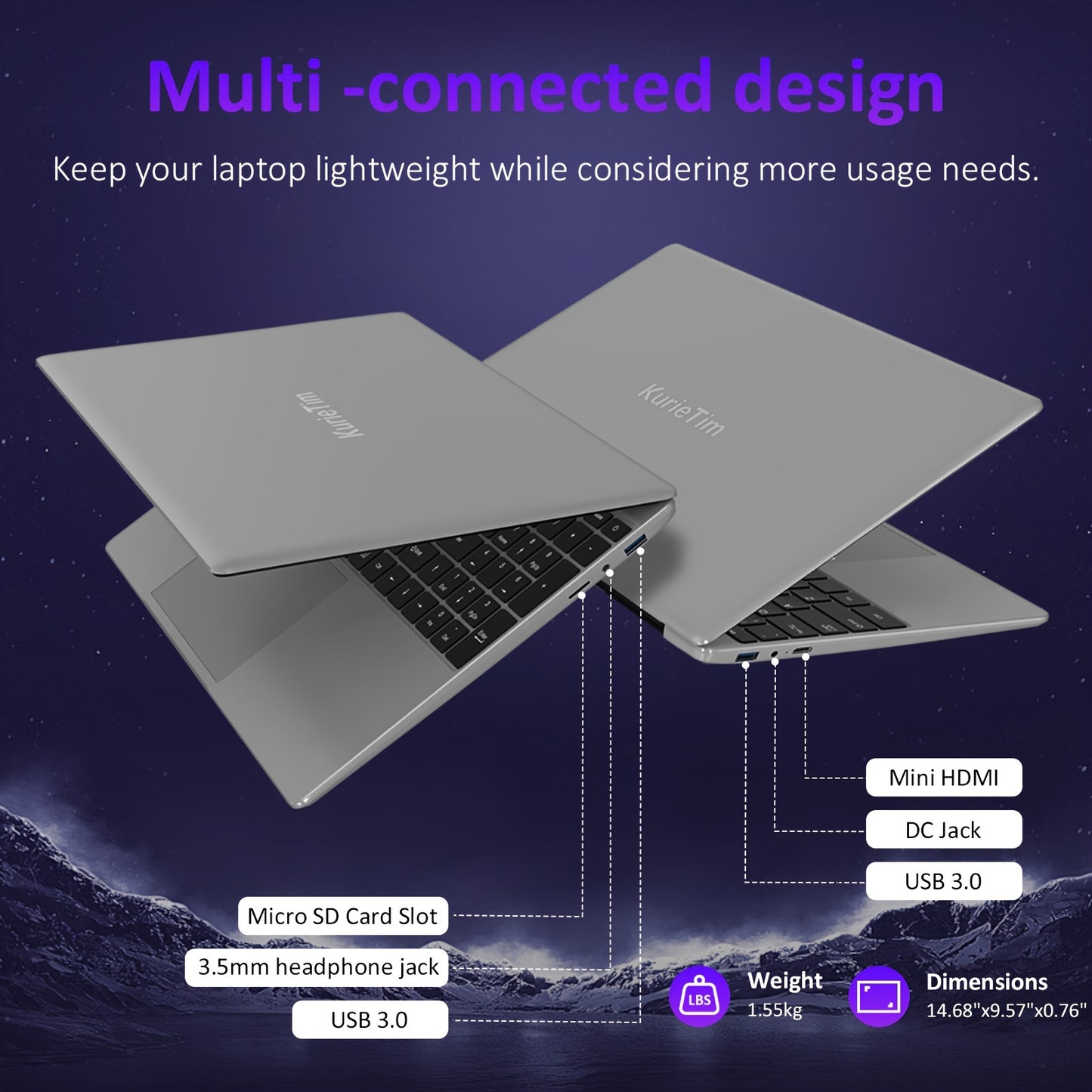 KurieTim Laptop Computer with 16GB DDR4 RAM, 512GB SSD, Intel N95 processor, 39.62cm FHD IPS LCD, Backlight Keyboard, Webcam, Touch Bar, Qwerty Keyboard, 8000mAh Lithium Battery