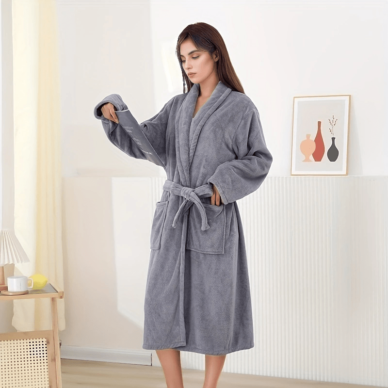 Soft coral velvet bathrobe with quick dry, non-shedding and breathable features, suitable for men and women with modern design.