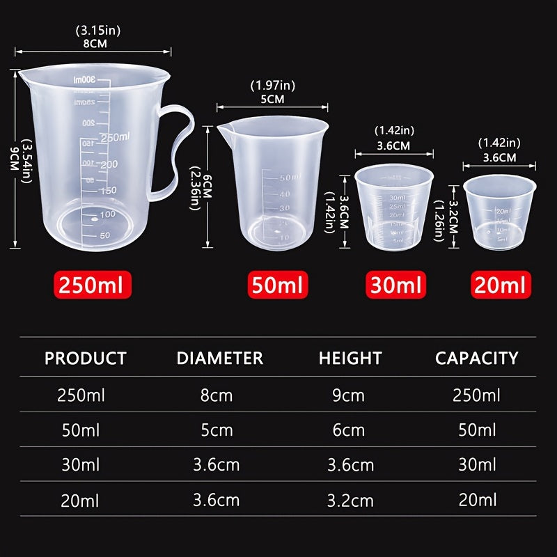 Set of 6 Clear Plastic Measuring Cups for Baking, Graduated Liquid Jugs with Pour Spout, Kitchen Essential - Includes 20ml, 30ml, 50ml, 300ml, 500ml, and 1000ml Sizes