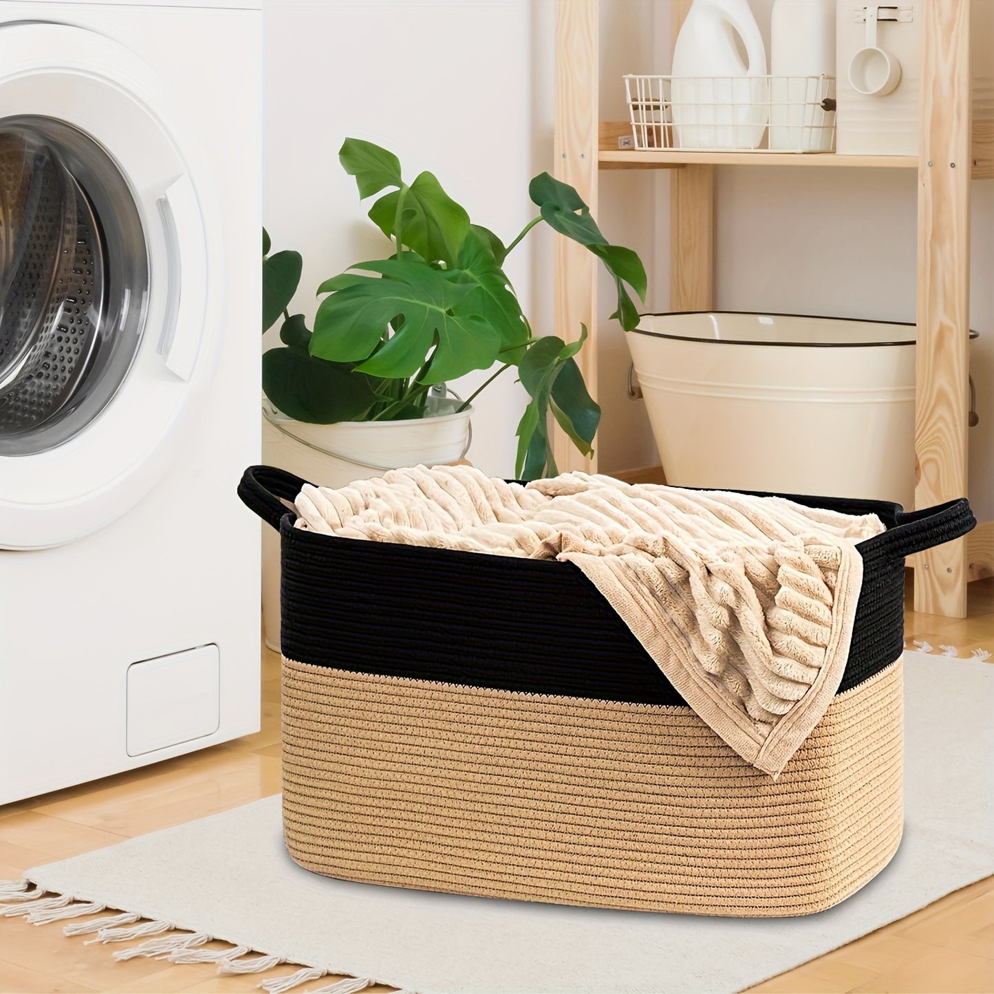 55L Grey Rope Woven Storage Basket with Handles - Versatile toy organizer for kids, laundry, living room, nursery, and bedroom - Durable linen blend, 48.01cm x 34.04cm x 11, under-bed storage.