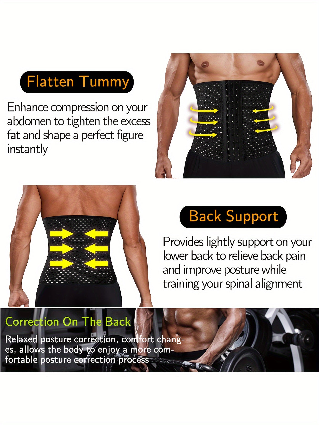 Men's breathable mesh waist belt with 3 row buckle and 4 steel bones for tummy control, ideal for daily wear.