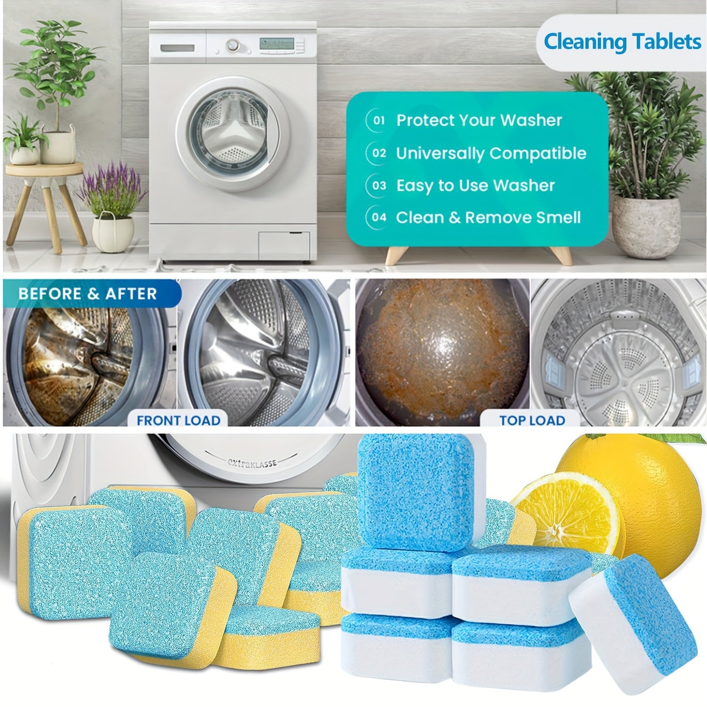 5/25/35pcs All-in-One Washing Machine Cleaner Tablets, Lemon Scented, Deep Cleaning Detergent for Laundry Drums, Compatible with Front & Top Loading Machines, Uncharged