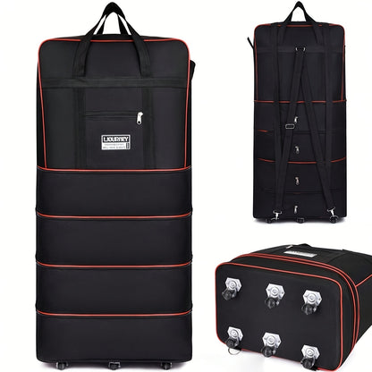 Foldable travel luggage bag with wheels for business trip, study abroad, and travel. Large storage capacity, expandable and portable.