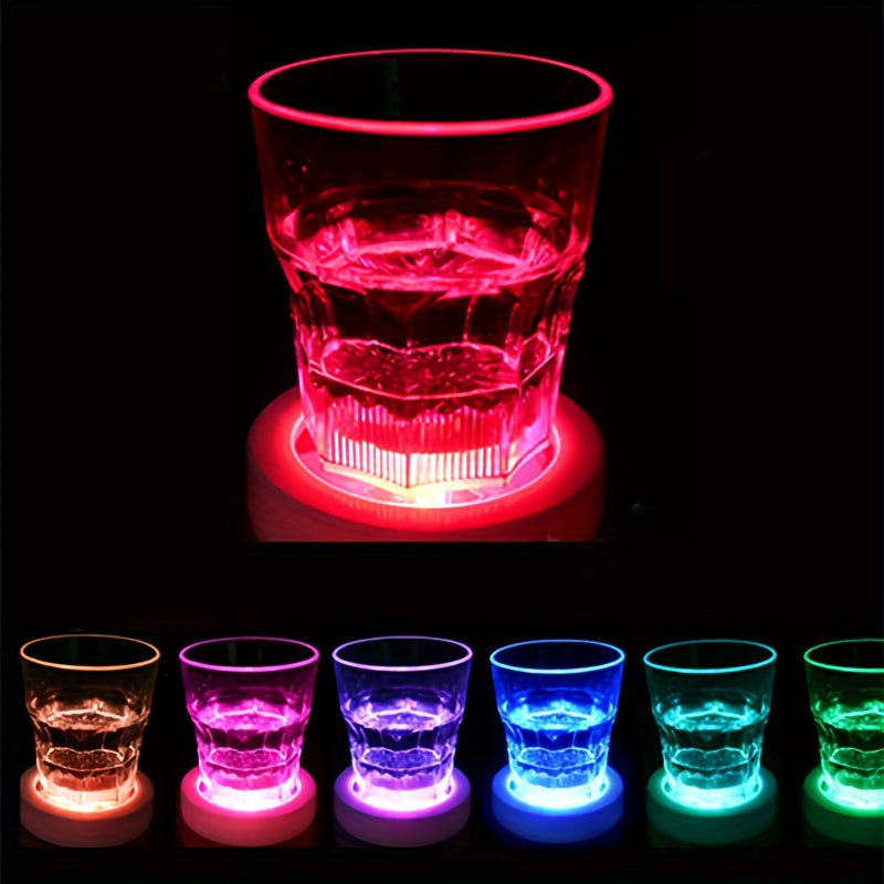 LED Coaster Stickers in sets of 1, 5, or 10 to decorate drinking glass cups, wine bottles, and liquor bottles for party lighting.