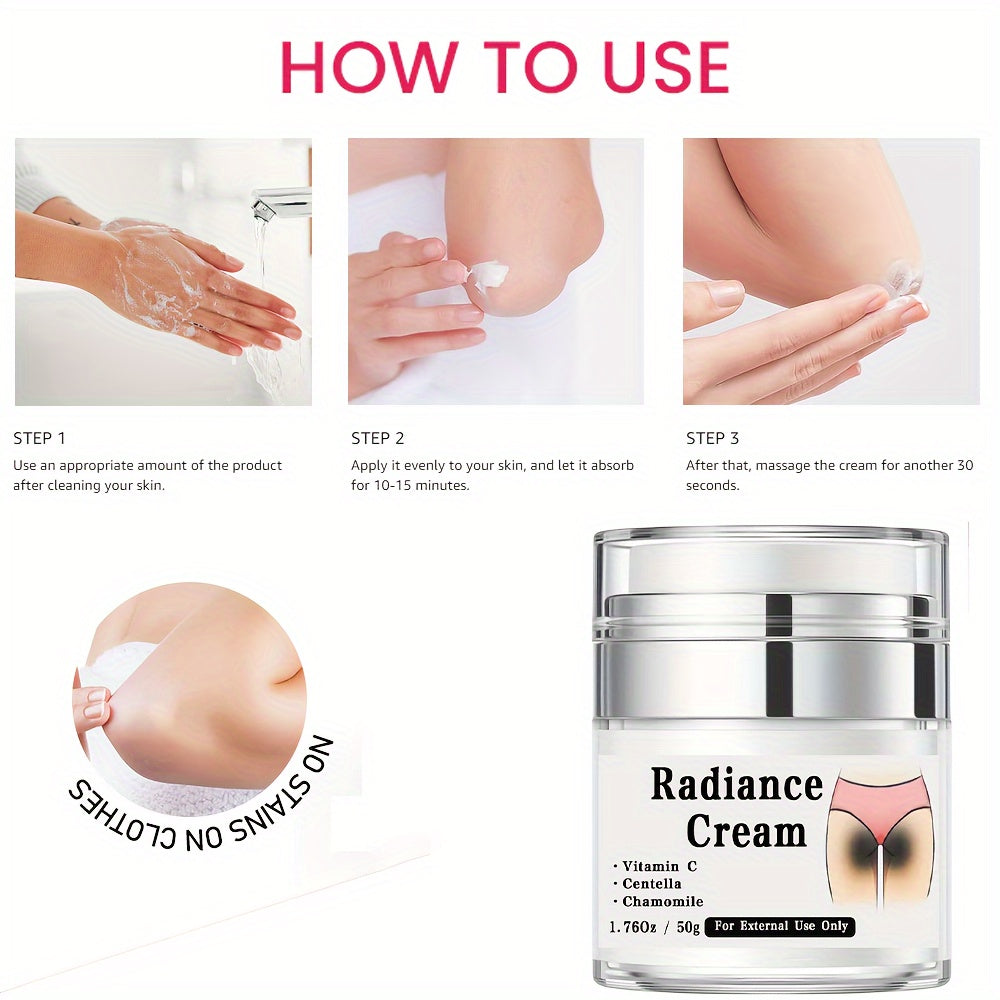 1.76oz/50g Radiance Cream for private parts care, contains Vitamin C, Niacinamide, Centella Asiatica, and Chamomile extract, suitable for sensitive areas such as underarms, joints, butt