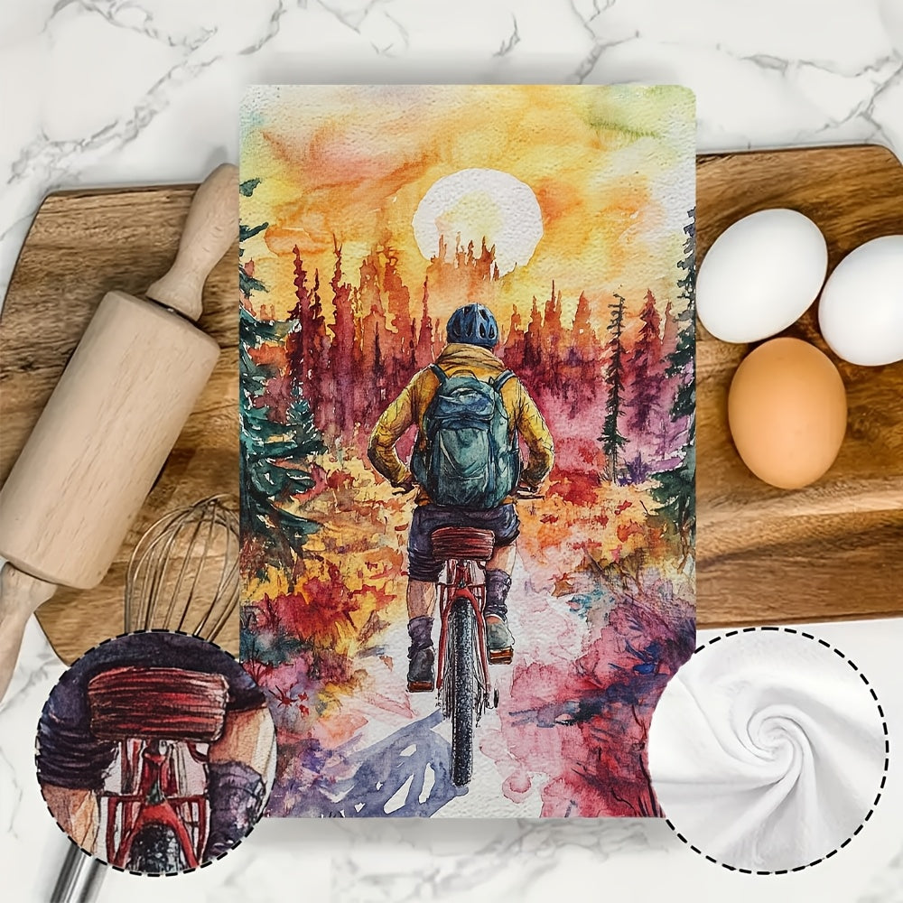 Set of 2 Ultra Soft Kitchen Towels featuring a Vibrant Bicycle Adventure Design, with High Absorbency and Machine Washable properties. Each towel measures 40.64x60.96 cm - Perfect for Holiday Decor. The Sunset Landscape Print adds a charming touch to