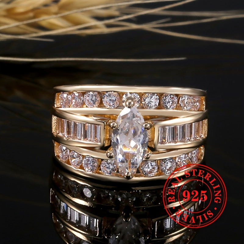 Luxurious 8.8g S925 Sterling Silver Ring with Marquise Cubic Zirconia, Perfect for Engagement or Wedding. Add some sparkle to your special day with this high-end piece of jewelry.