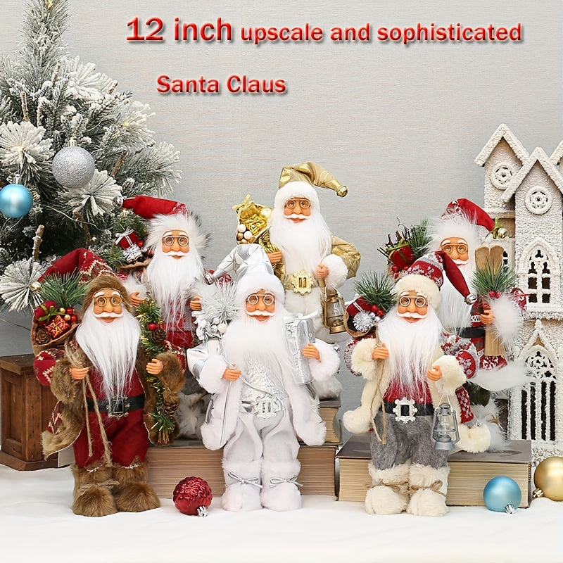 Santa Claus figure decoration with 12-inch height, wearing long fluffy snow boots, perfect for holiday and New Year's decor in homes or businesses.