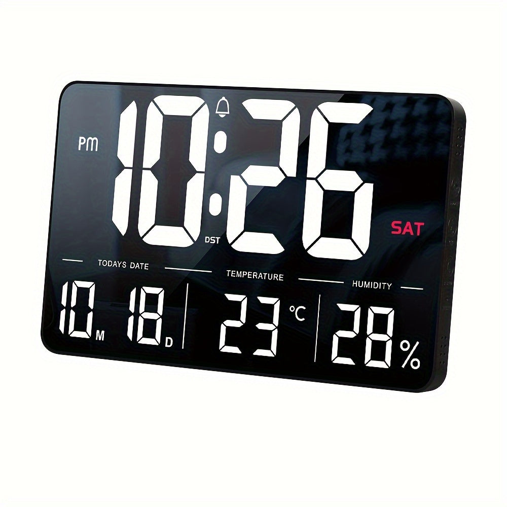 This LED Digital Wall Clock measures 33.27cm and comes with a remote control. It features adjustable brightness, a calendar, temperature display, and a snooze function. The clock can be set to display in 12 or 24-hour format and is ideal for use in the