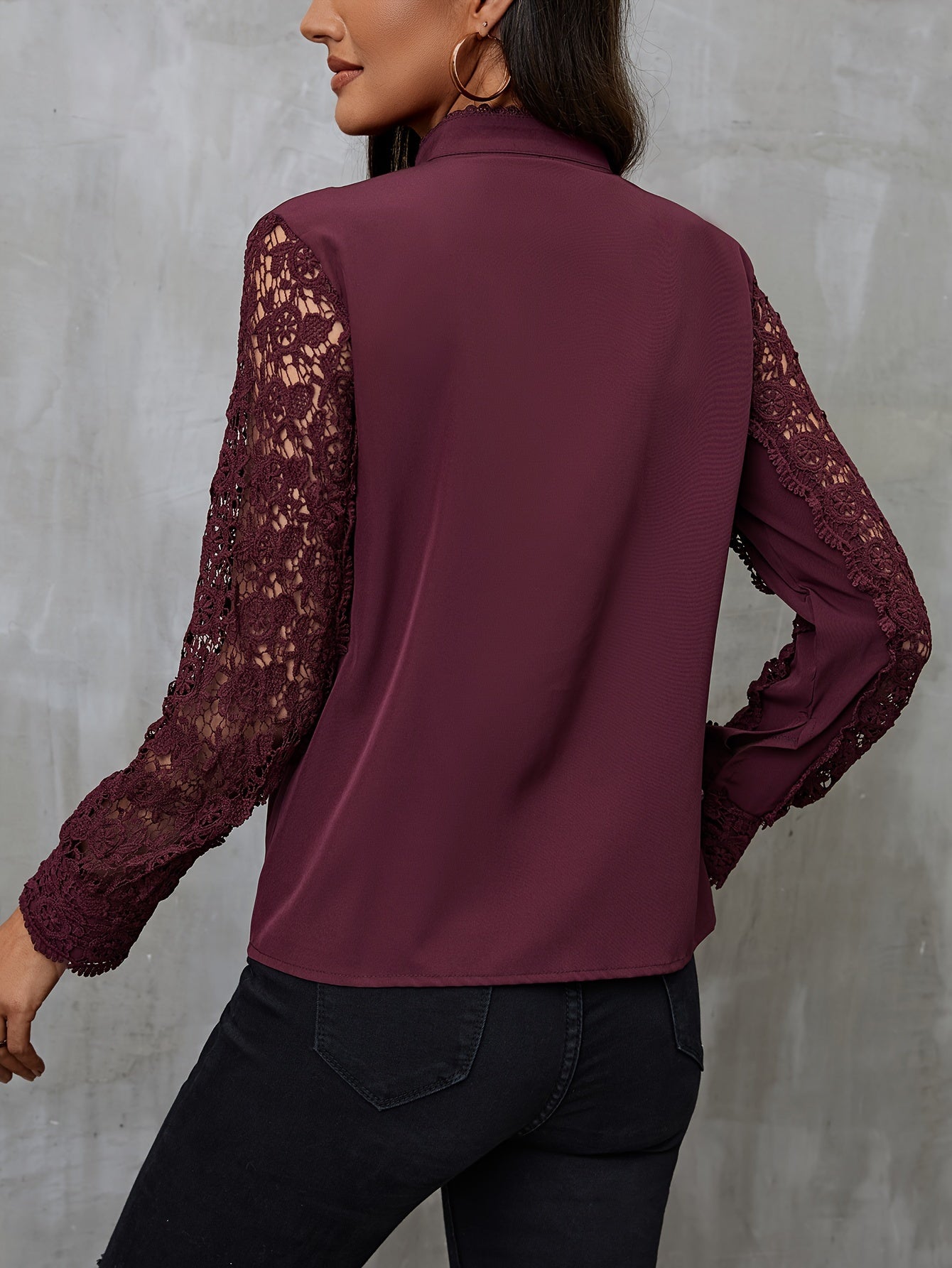 Contrast lace blouse with mandarin collar, perfect for women.