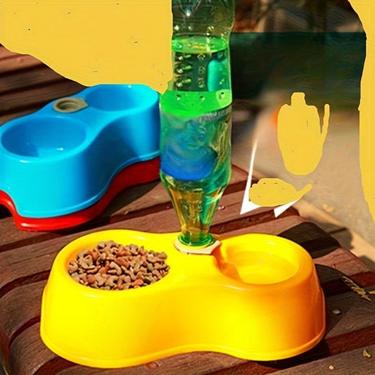 Automatic pet feeder and water dispenser set with double bowls for cats and dogs, made of plastic material and does not require batteries.