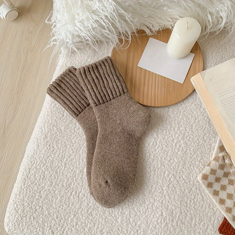 5 cozy winter socks for women in beige and brown, mid-calf length, soft polyester blend, ideal for cold weather.