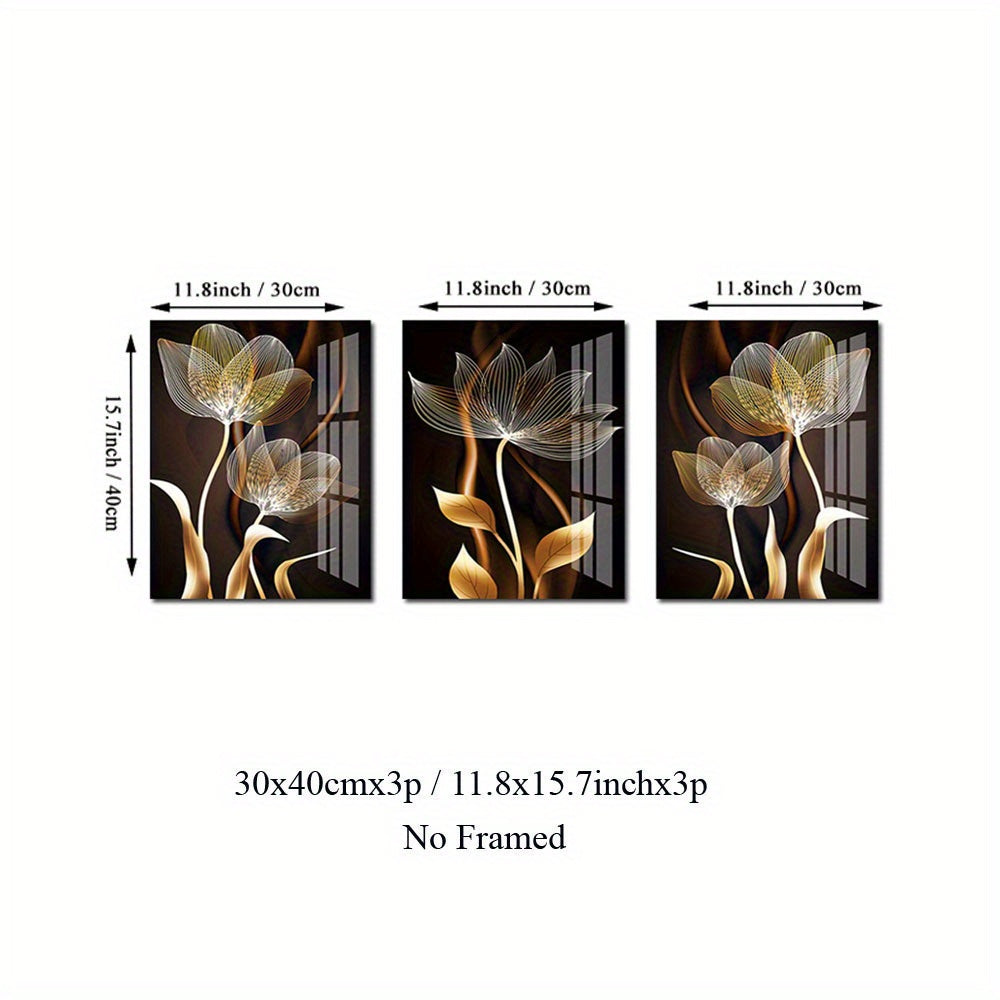 Modern abstract black brown and golden flower picture set, luxury wall art canvas painting for living room decor, frameless.