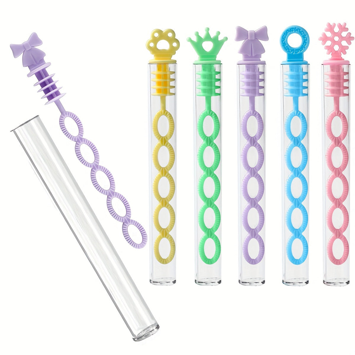 Set of 22 mini bubble wands with various shapes, great for parties and events. Non-toxic plastic bubble blowers.