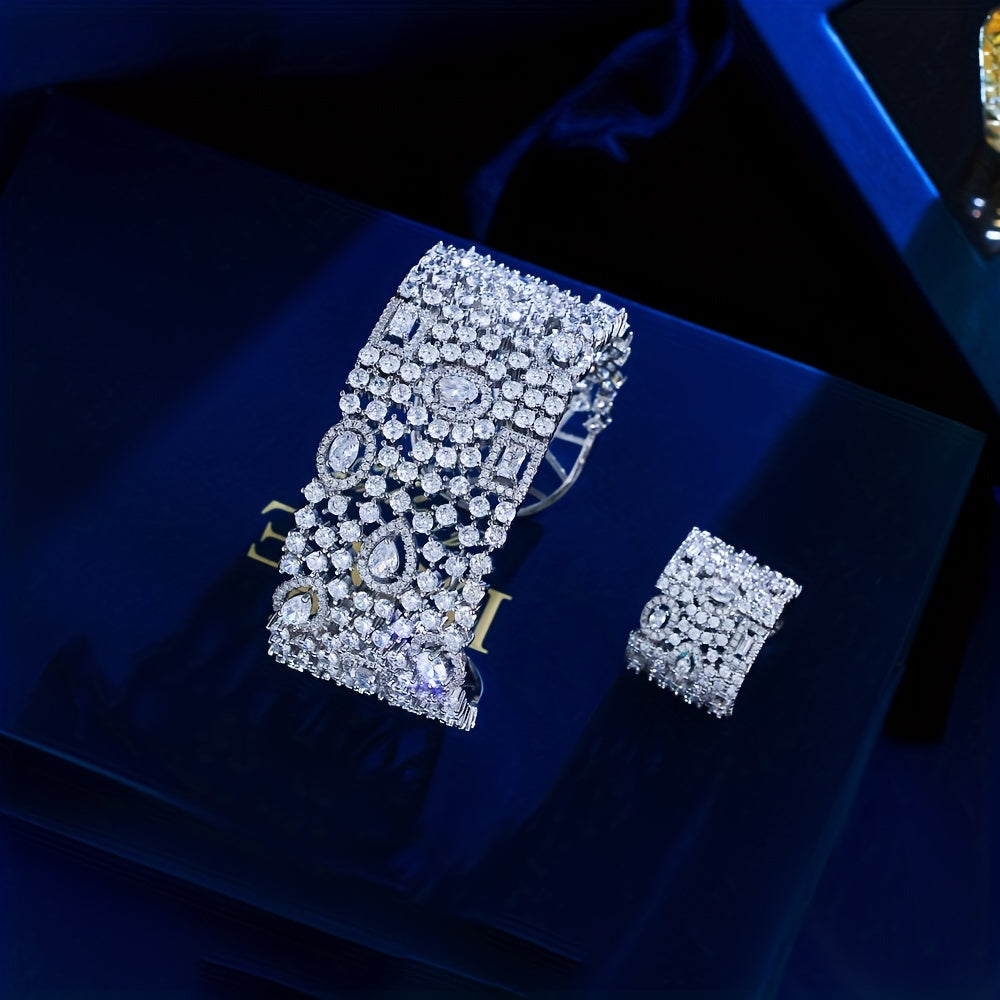 Stunning Zirconia Cuff Bracelet and Ring Set for Women - Perfect for Elegant Bridal Banquets, Wedding Anniversary Parties