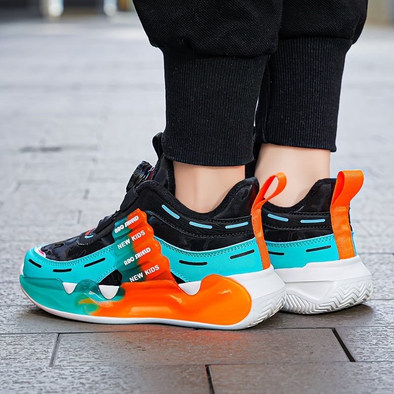 Mid-top youngsters athletic sneakers with breathable and non-slip design. Features hook-and-loop fastener strap, colorful cloud pattern, and letter design. Durable EVA sole suitable for all