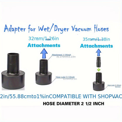 Universal Vacuum Hose Adapter Kit includes 5 pieces of converters, allowing for easy conversion from 3.81cm to 3.81cm and from 4.45cm to 3.25cm dust hose port adapters.