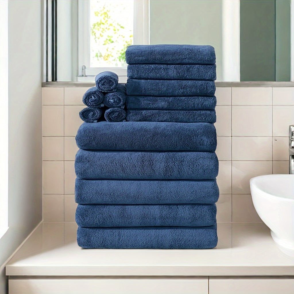 15-piece ultra-soft microfiber towel set in multiple colors, ideal for home and hotel showers.