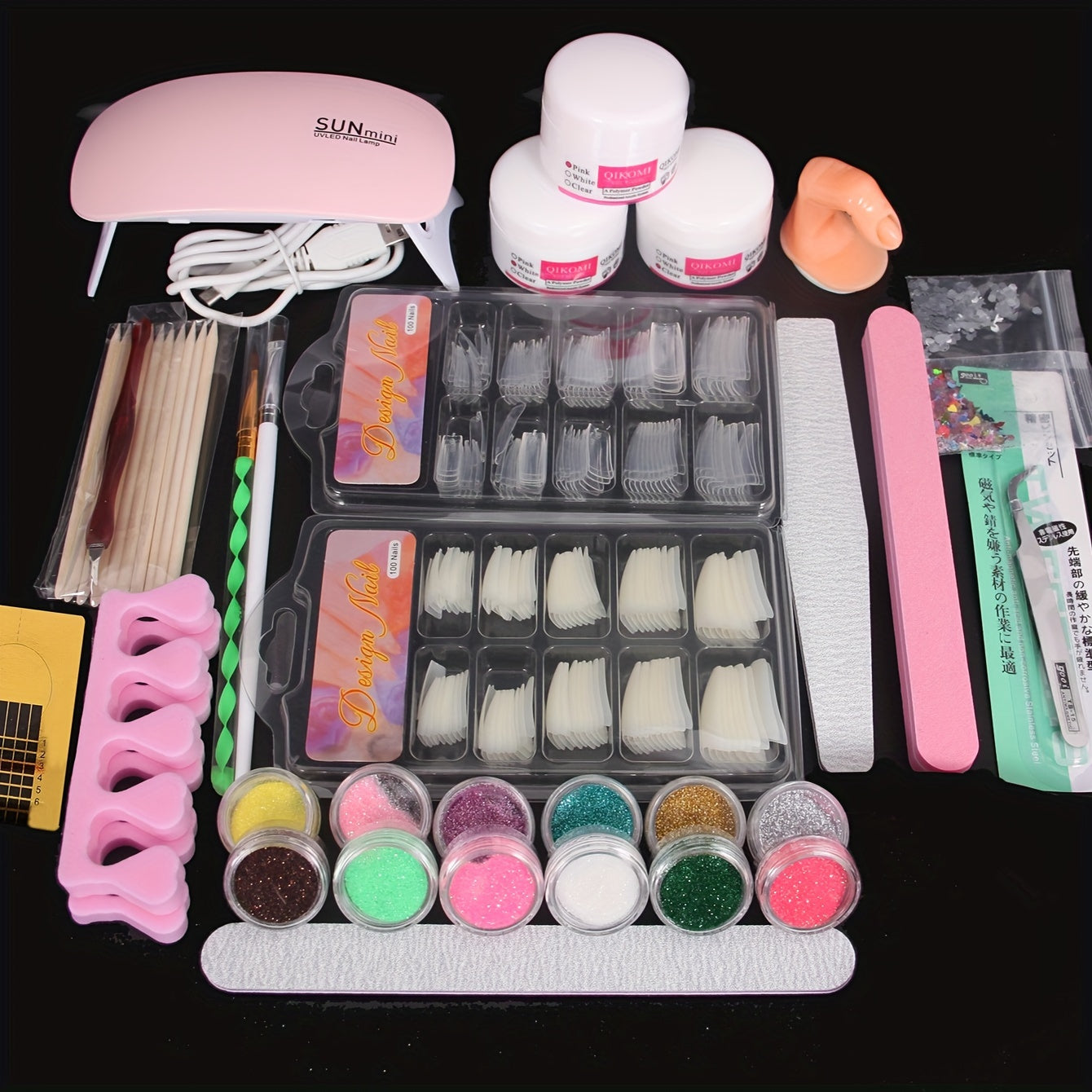 24-in-1 acrylic nail kit for beginners includes USB-powered hypoallergenic set with 12 glitter colors, clear, pink, white acrylic powder, nail extension tools, professional manicure set