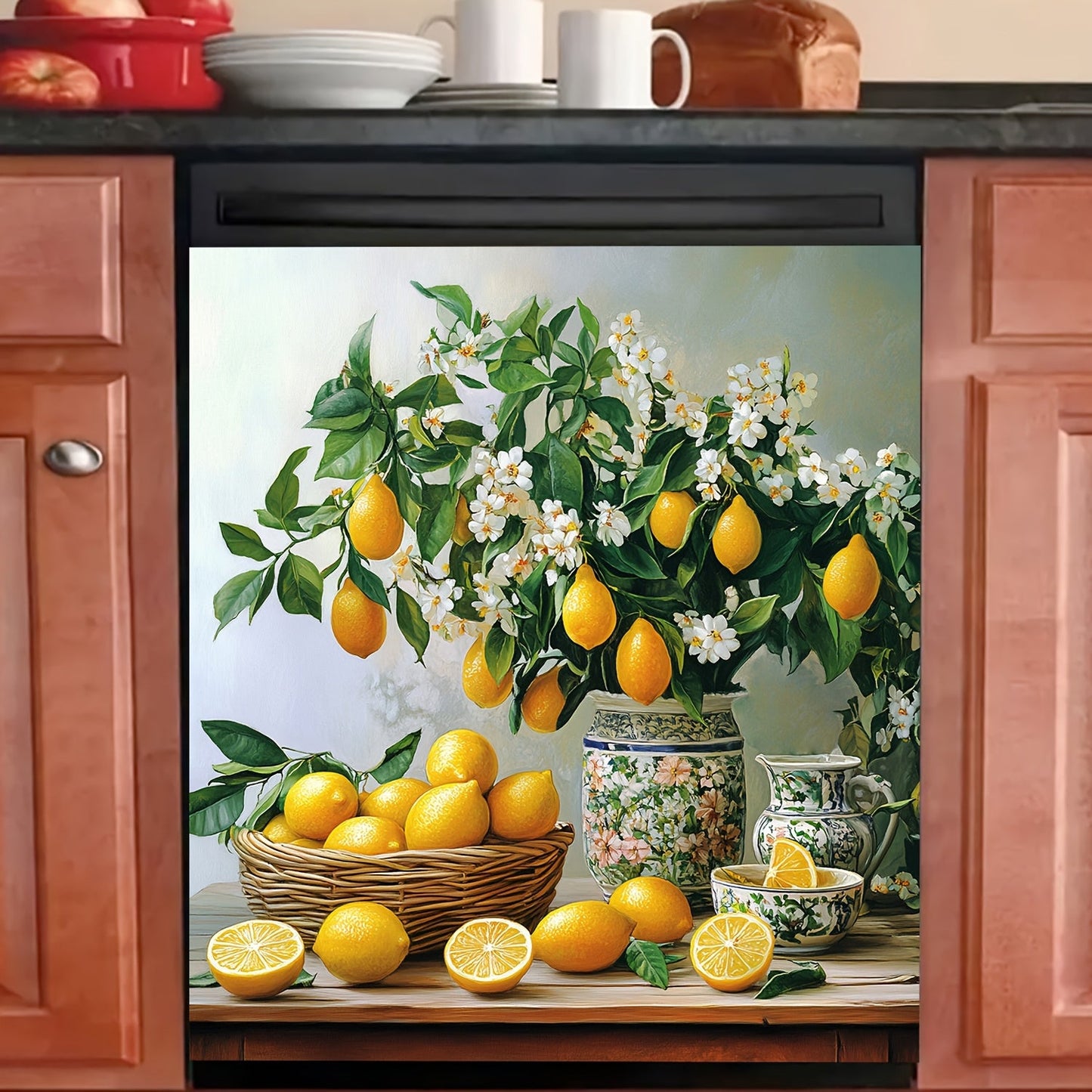 Decorate your kitchen with this lemon bouquet magnetic cover! This waterproof and heat-resistant sticker is perfect for your dishwasher, refrigerator door, or electrical panel. Easy to clean and no electricity required, this sticker measures 58.5 x 65.0