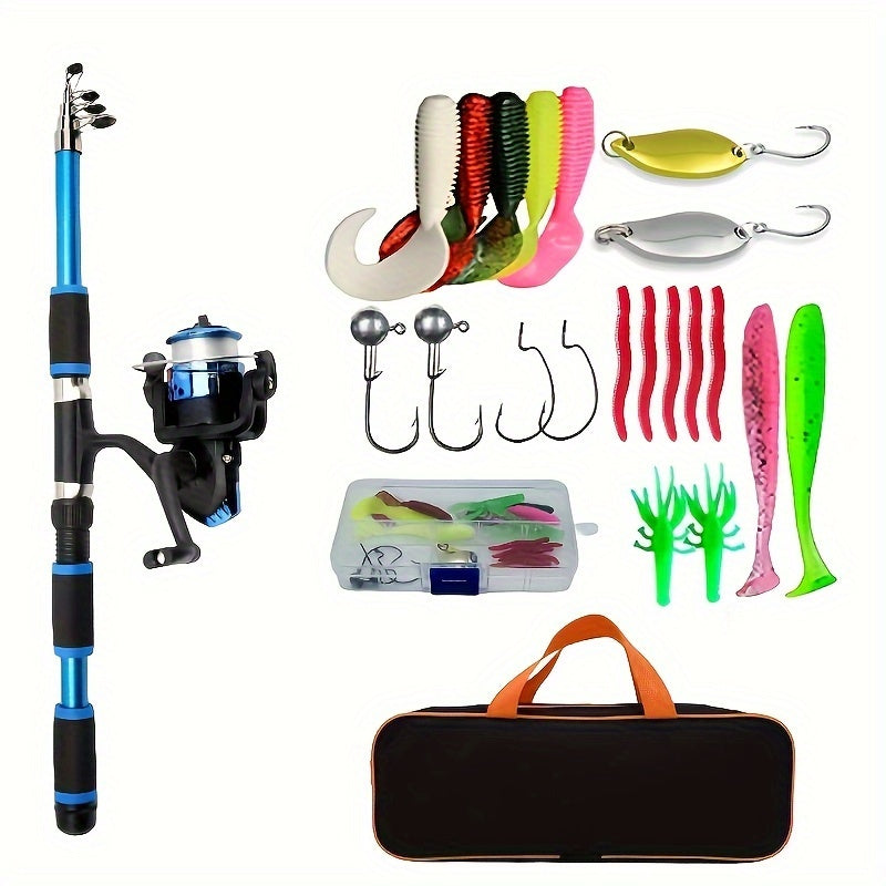 Telescopic fishing rod/spinning reel set with baits, hooks, and storage bag.