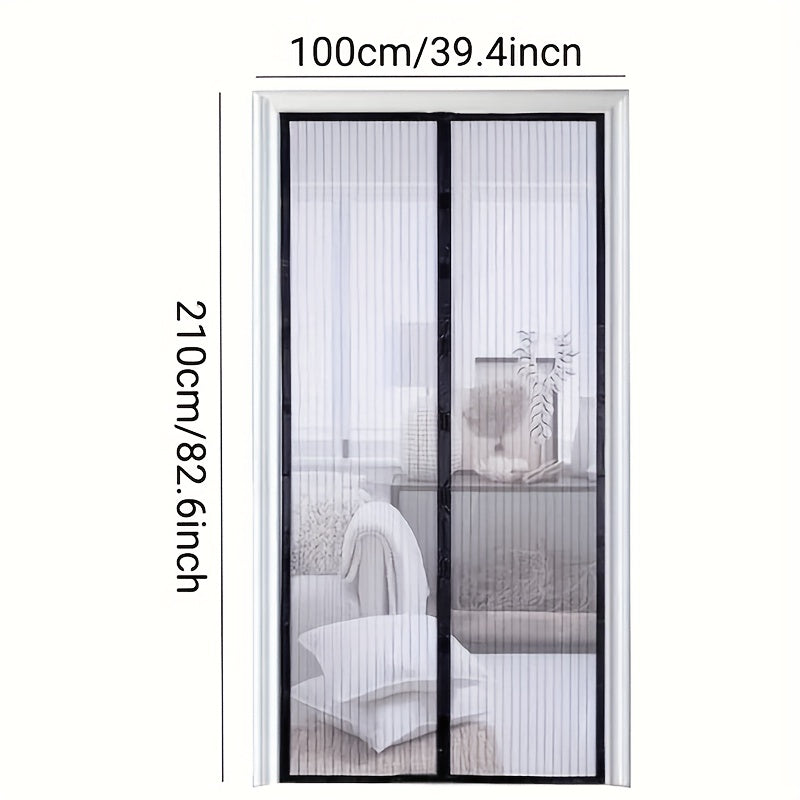 Black magnetic screen door measuring 80.01cm x 208.28cm, self-sealing and heavy-duty, keeps bugs out.