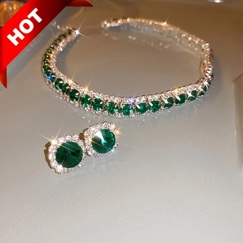 Stunning Emerald Crystal Jewelry Set for Women - Necklace & Earrings with Silver Plating, Ideal for Parties and Everyday Elegance