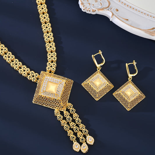 Vintage Arabian Style MEIZ Jewelry Set with 18K Golden Plating, Synthetic Zirconia, Copper Material, Includes Ring, Earrings, Necklace, and Bracelet, Ideal for Daily Wear, Parties, Ramadan Gifts, Perfect for All Seasons.