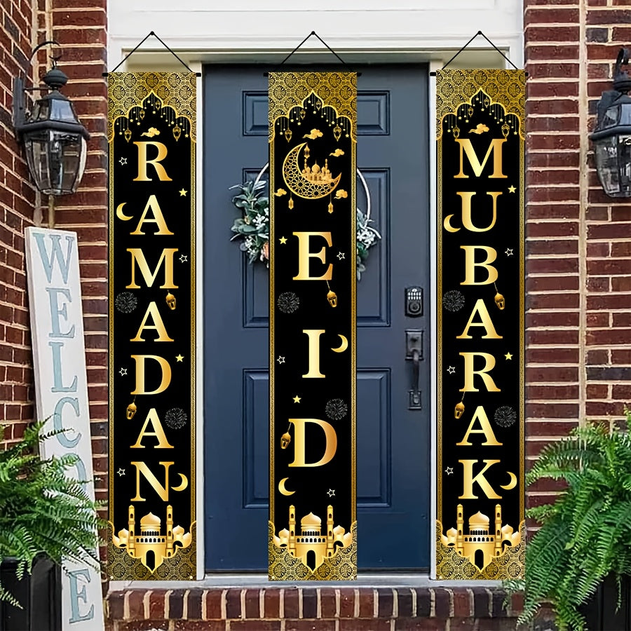 3-Piece Eid Mubarak Decor Set with Black & Golden Ramadan Door Banners featuring moon design, perfect for home & party decoration.