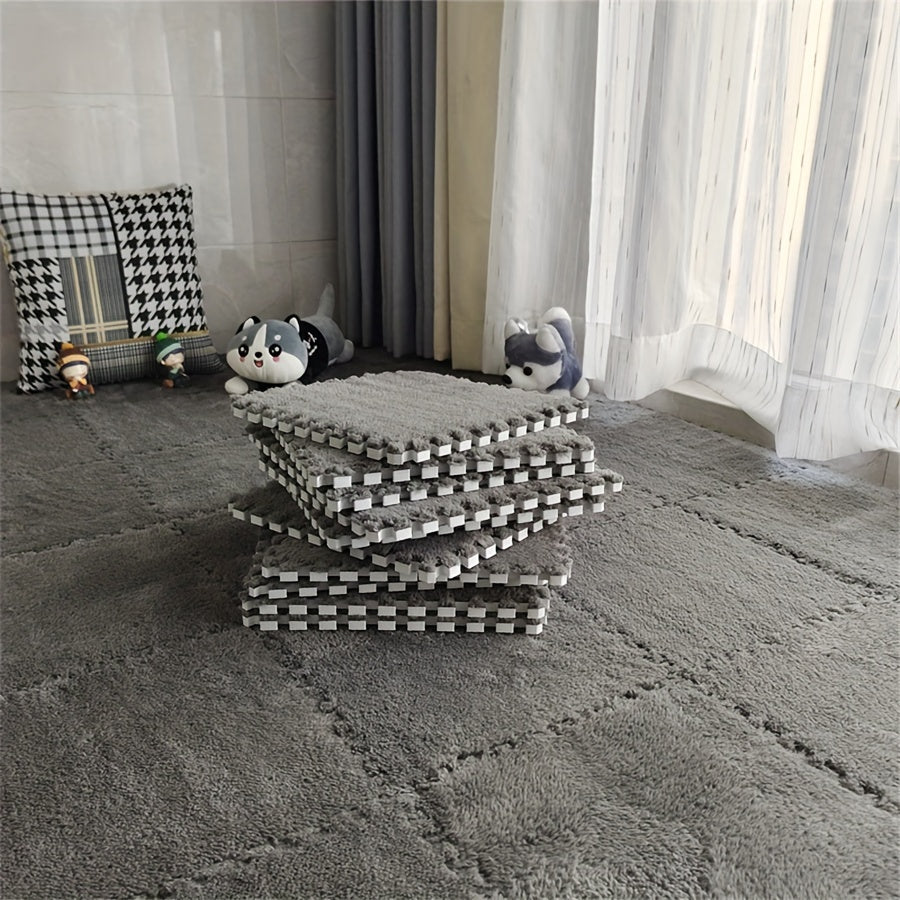 Bring style and comfort to your bedroom or living room with these plush interlocking carpet tiles. Made from a soft and washable blend of EVA and polyester, these tiles are perfect for adding warmth and coziness to your space. Each tile measures