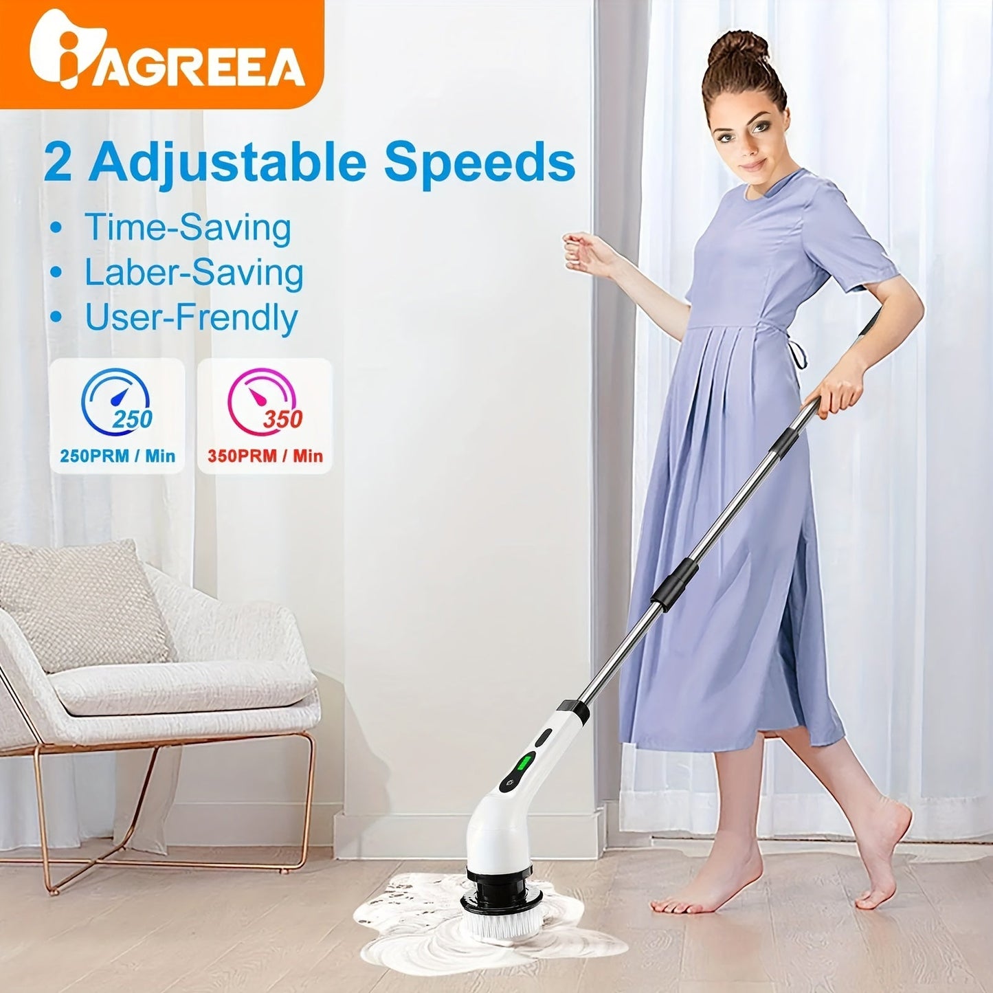 The electric cleaning brush features a rotary floor scrubber, wireless design, and 8 replaceable brush heads. With an adjustable extension handle and 360-degree rotation, this cordless cleaning brush is perfect for bathrooms and bathtubs. It includes a