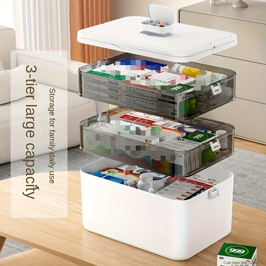 Waterproof multi-layer medicine storage box with snap closure and durable plastic for organizing.