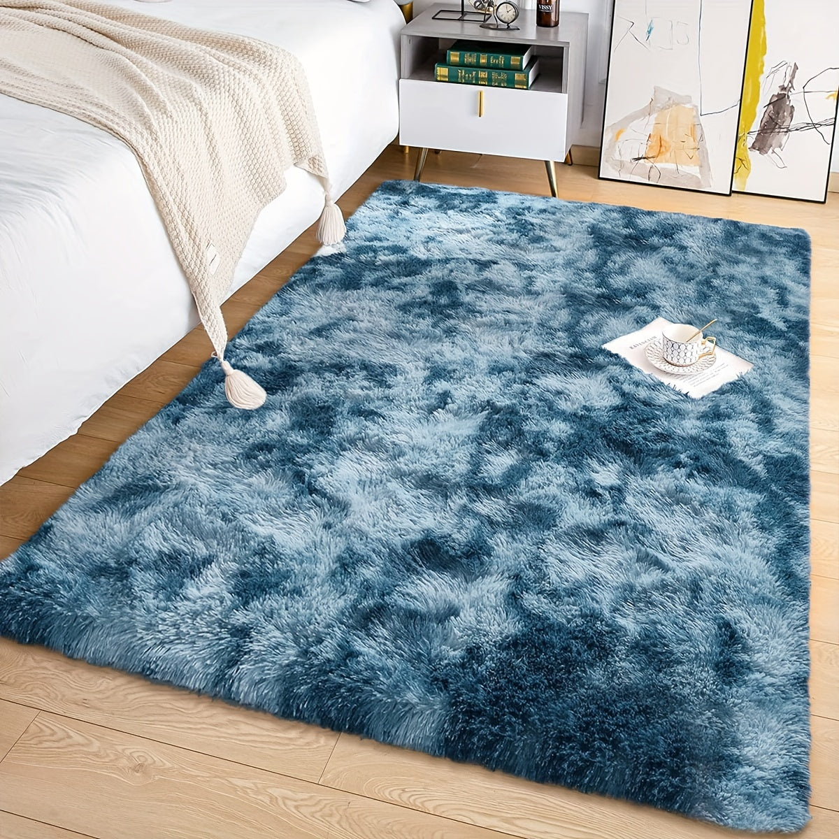 Soft, fluffy shag area rug perfect for living room or bedroom decor. This non-slip machine washable carpet adds luxury and coziness to any space.