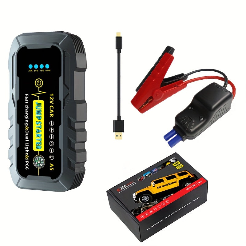 Compact 1000A Portable Car Jump Starter with Dual USB Outputs and Smart Safety Jumper Cables starts dead batteries quickly and safely. Includes flashlight, compass, and multiple safety