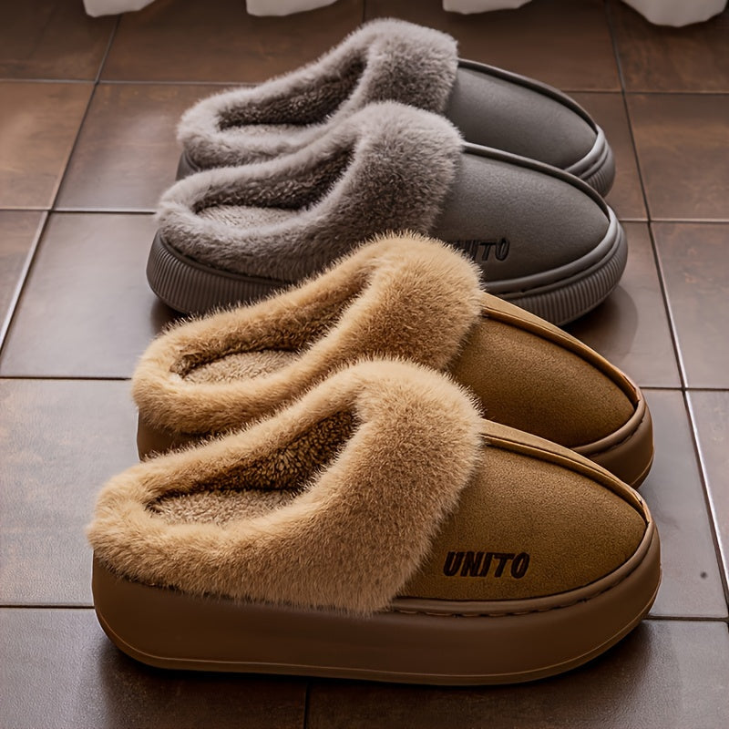 Cozy winter plush slippers for men and women with soft fabric lining, non-slip sole, machine washable. Available in beige and gray with white fur trim. Perfect for indoor comfort.