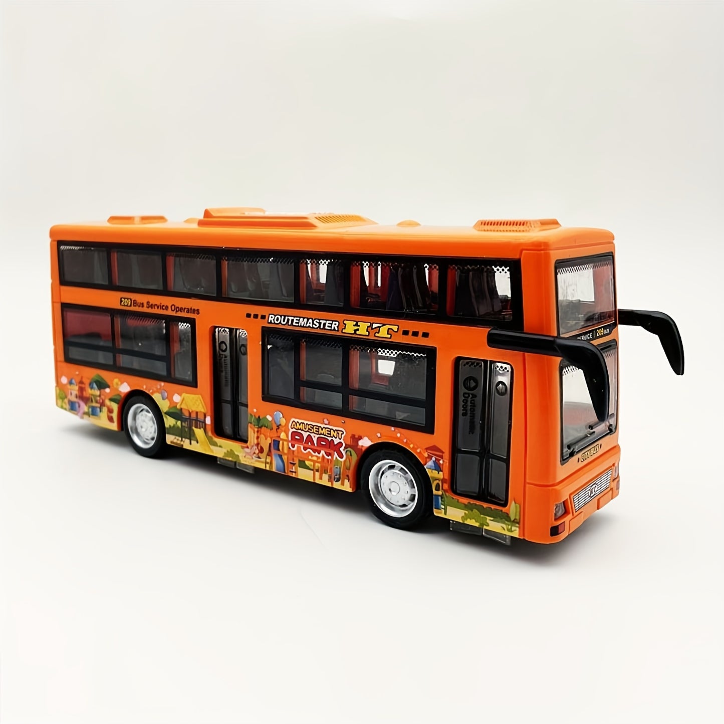 Battery-powered toy Routemaster Double Decker Bus for kids, with realistic sound and flashing lights. Push-operated with non-rechargeable button battery included. Suitable for ages 3-6