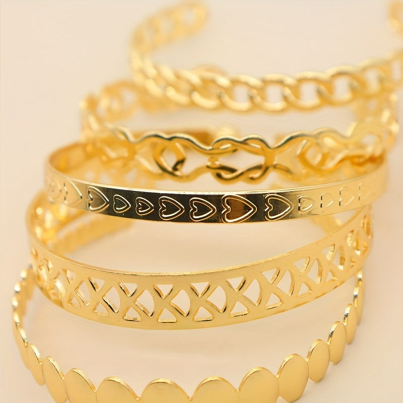 Set of 5 Personality Chain Love Irregular Pattern Middle Eastern Golden Bangle Alloy Jewelry