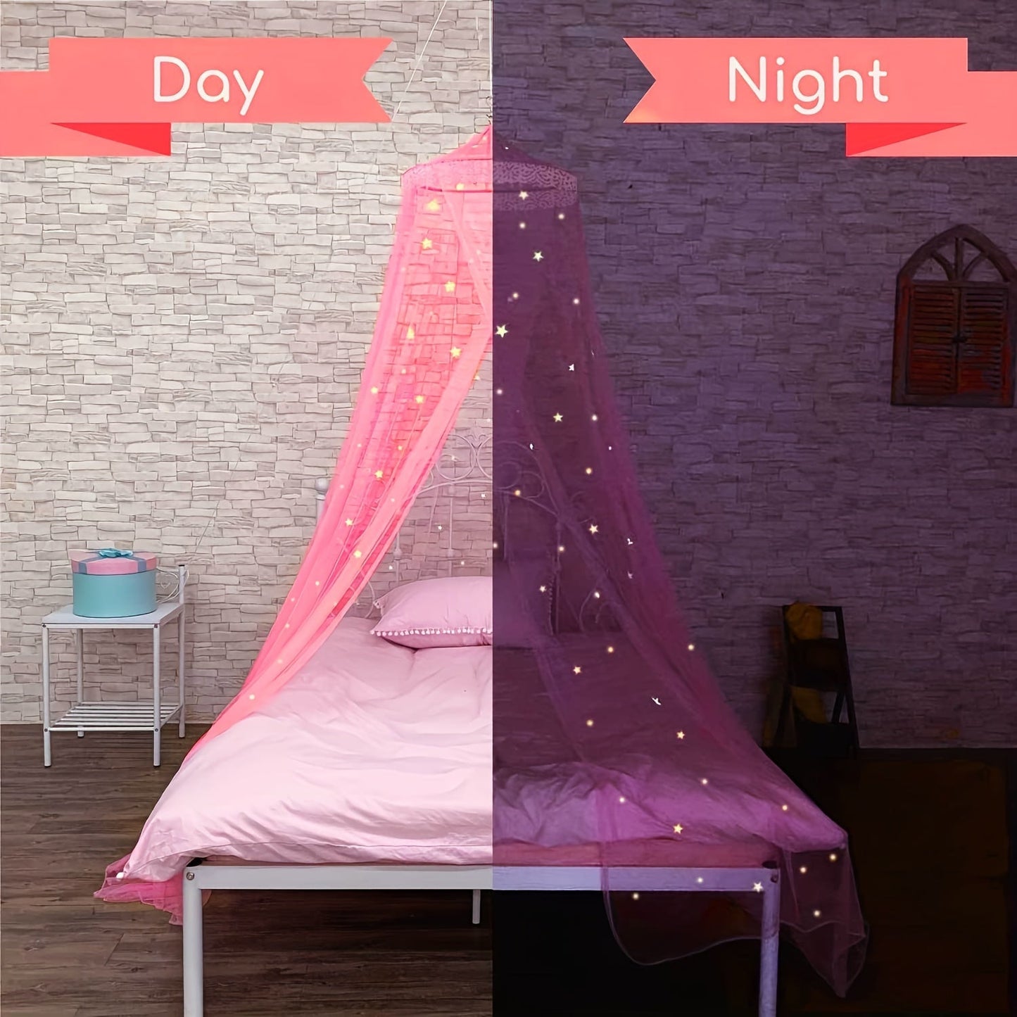 Princess Pink Bed Canopy With Glowing Stars - Perfect Baby Canopy For Bed, Elegant Room Decor, Ceiling Tent, and Crib Canopy | Available in Single, Twin, Full, and Queen Sizes | Ideal Kids Bed Curtains for Christmas, Thanksgiving, New Year, Valentine's