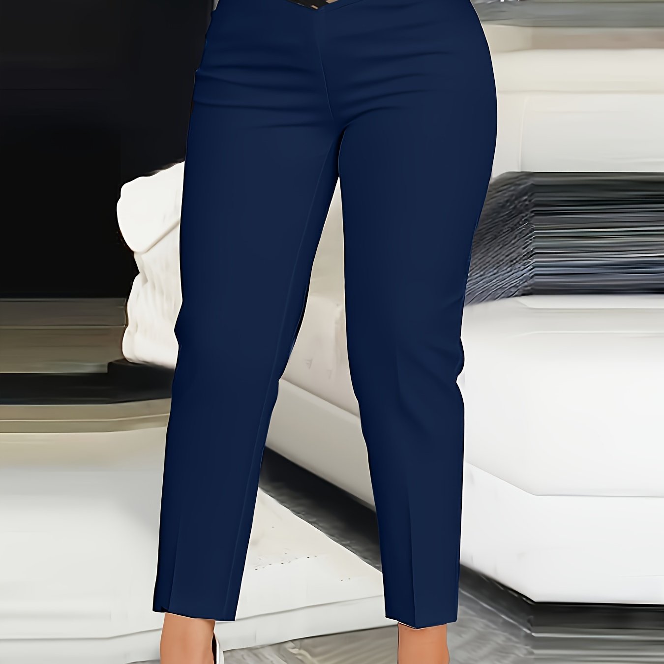 Women's chic high-waist trousers with crisscross cut-out detail in solid black. Ankle-length, polyester, machine washable, perfect for all seasons.