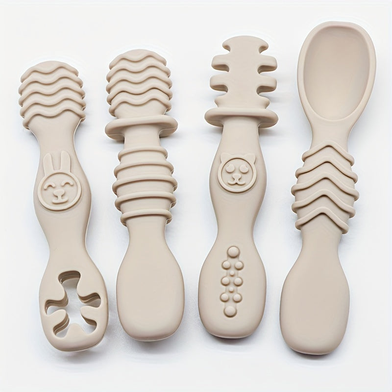 4-piece silicone spoon set for children 6+ months, chewable and soft-tipped, BPA-free and dishwasher safe