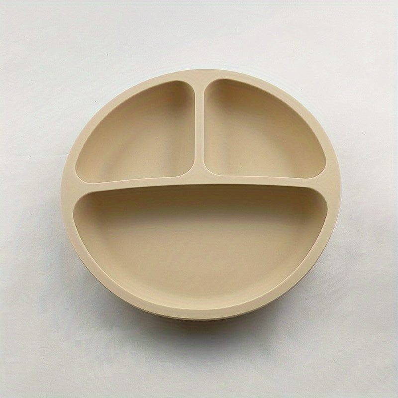 Silicone dining set for children includes plate, bowl, utensils, and microwave-safe bowl free of BPA.