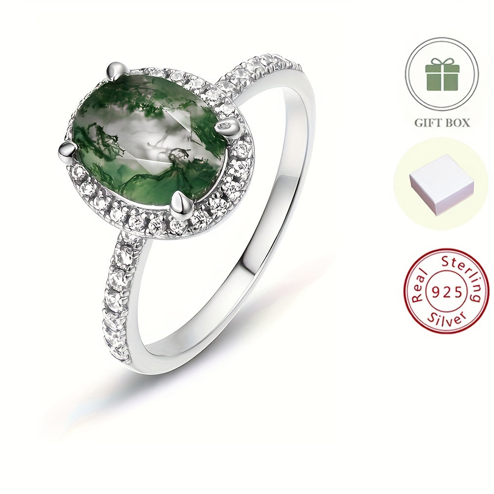 Perfect Christmas Gift For Your Loved One - High Quality, Dainty 925 Sterling Silver Ring with 14k Plated Inlaid Moss Agate, Ideal Party Accessory for Females.