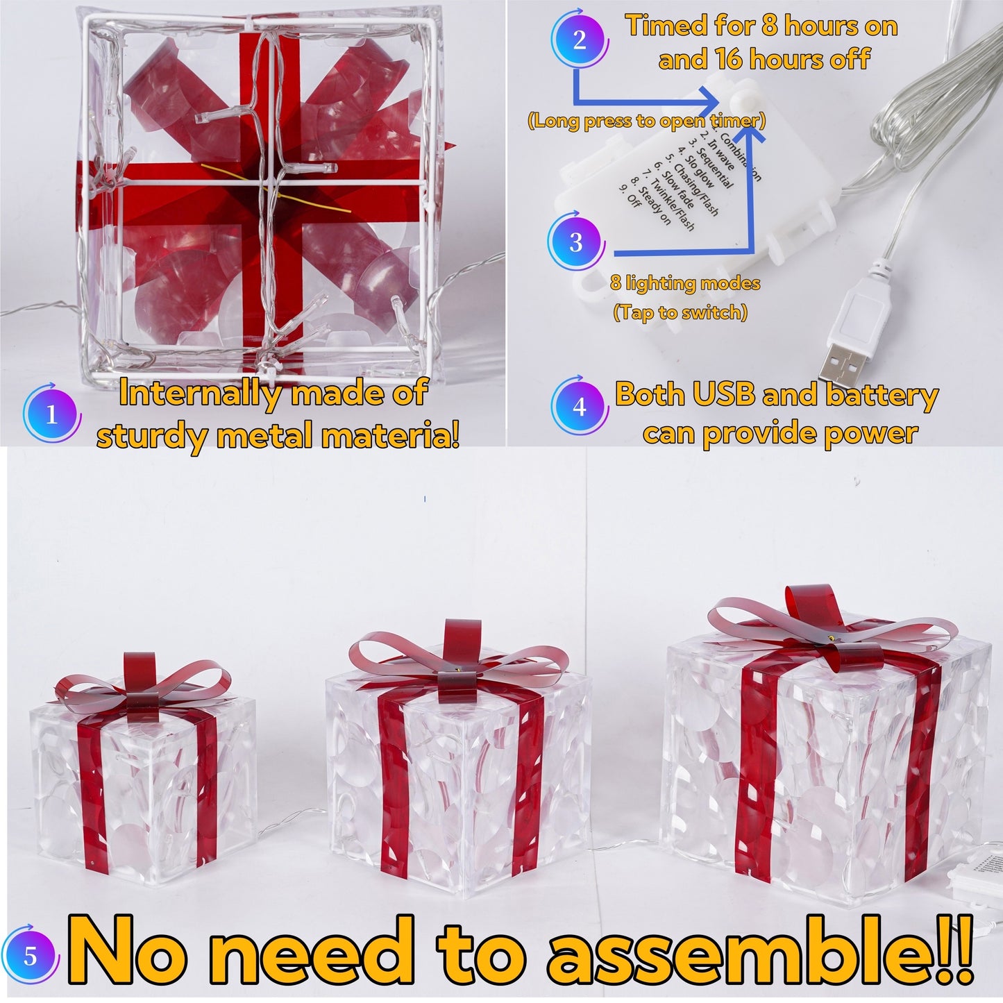 Set of 3 Christmas lighted gift boxes with warm white transparent lights and red bows for outdoor Christmas decorations.