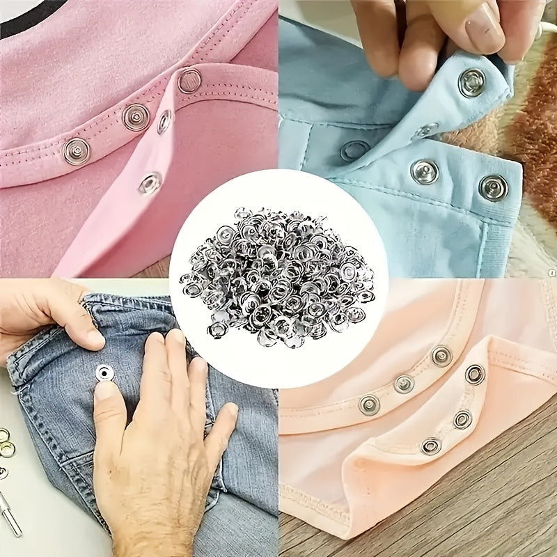 Set includes 200 metal sewing buttons and snap fastener pliers for easy clothes buckle installation.