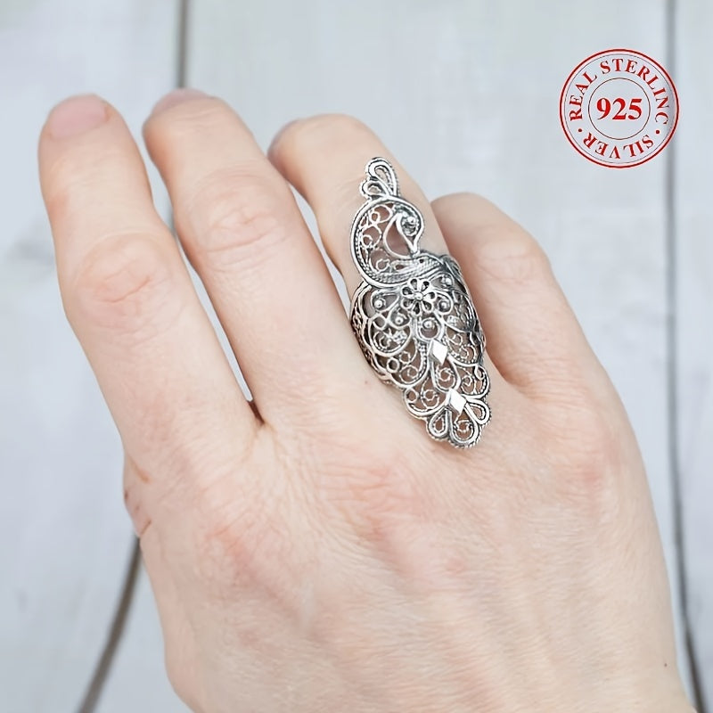 Elegant Bohemian-inspired Sterling Silver Peacock Hollow Ring, Ideal for Wedding and Anniversary Presents