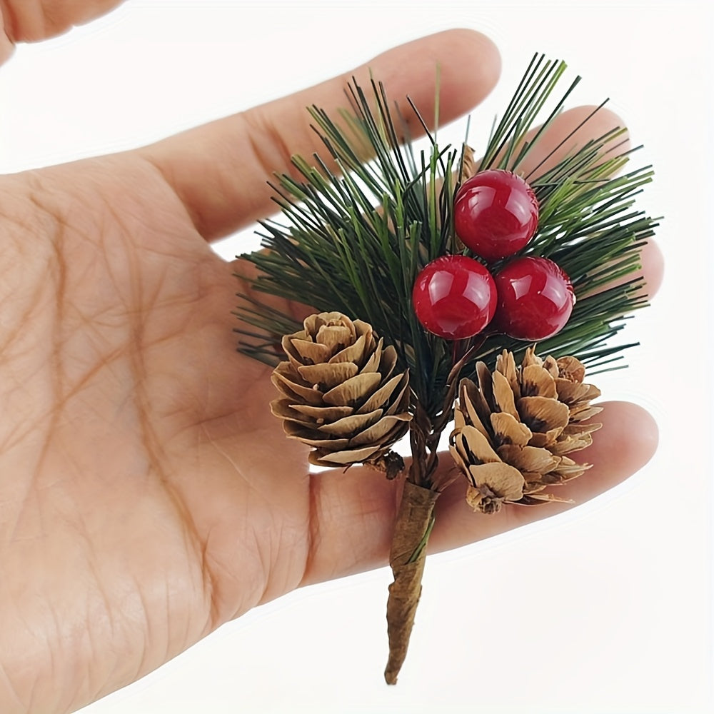 24 artificial pine picks with red berries and pinecones, perfect for DIY wreaths and seasonal decor.