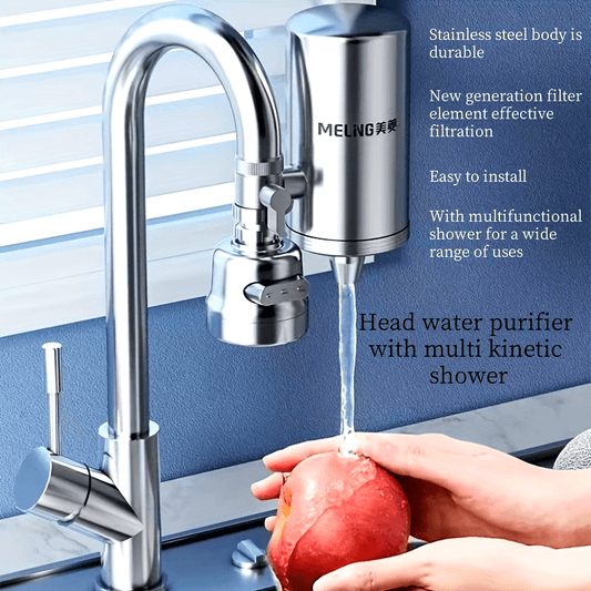 304 Stainless Steel Faucet Water Filter featuring Multi-Directional Shower Head - Tap Purifier with Ceramic Composite Cartridge for Chlorine Scale & Heavy Metal Reduction, No Electricity Required