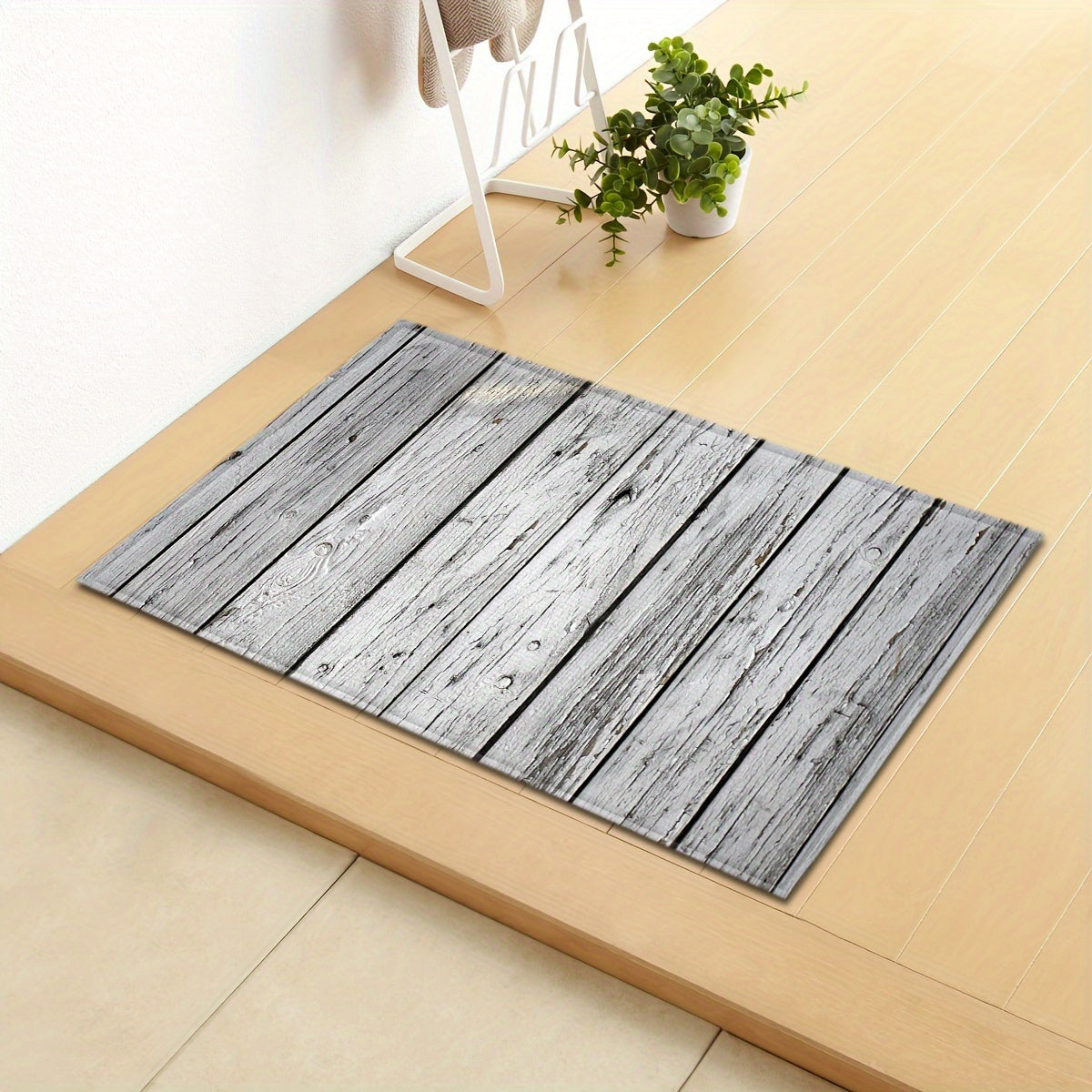 Gray and white wood grain entrance mat, 1 piece, designed to absorb water in the kitchen. This long strip floor mat can also be used in the home bathroom as a non-slip foot mat or in the bedroom as a sofa carpet.